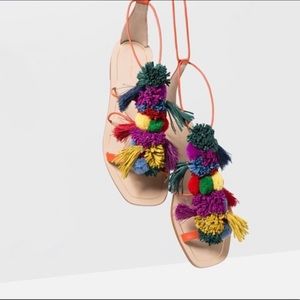 Zara Leather Lace-up Multicolor Pom Pom Sandals